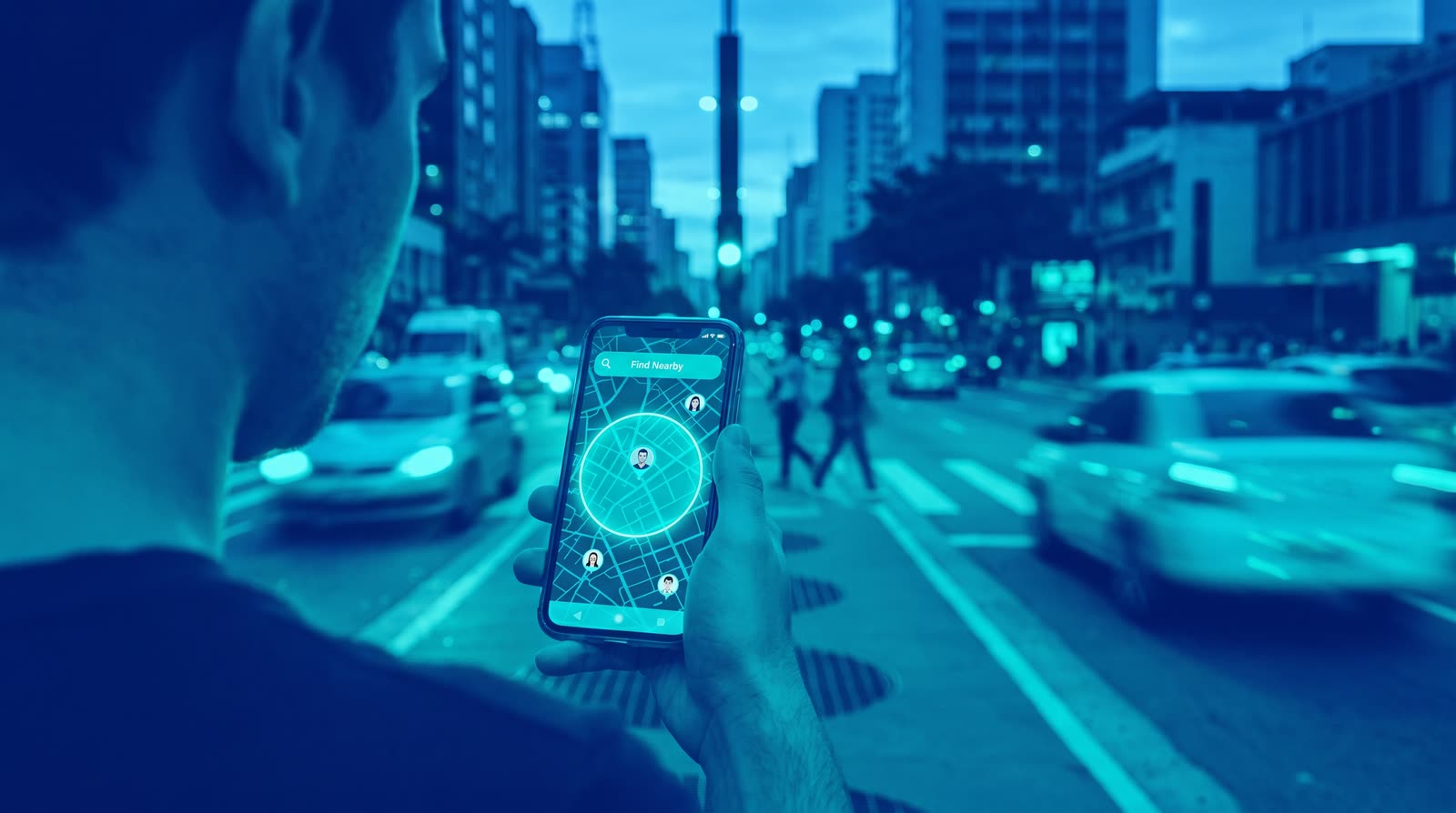 Celular com mapa mostrando talentos disponíveis dentro de um raio, em uma avenida movimentada