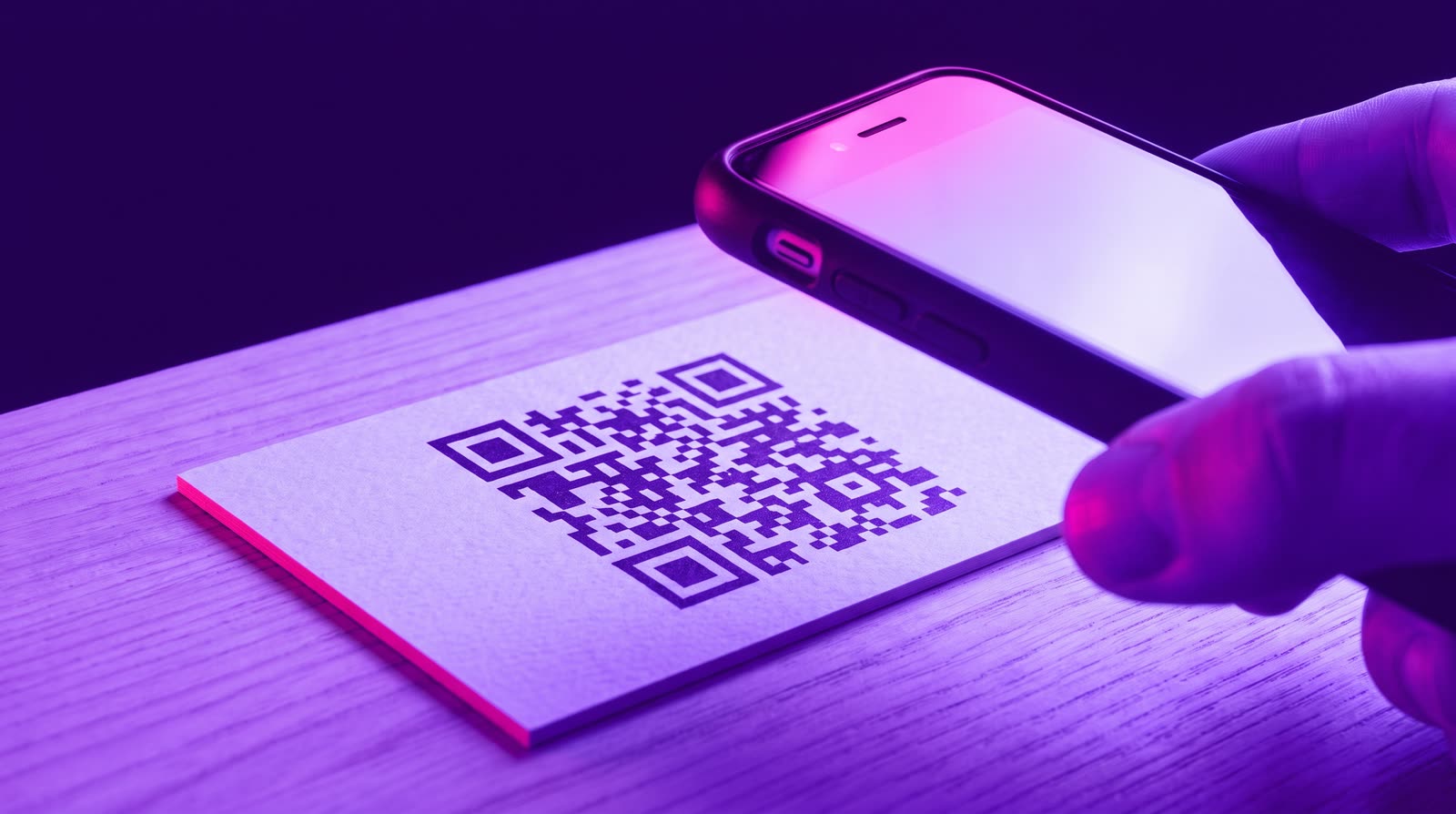 Celular lendo o QR Code de um cartão com o link do perfil público